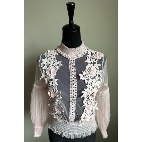 AIZA Sheer Pink Victorian Floral Appliqué Sheer Puff Sleeve Blouse One Size - Picture 4 of 7